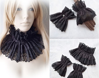 Black Lace Frill Collar, Fake Collar Necklace, Big Detachable Collar, Ruffled Vintage Style Removable Fake Wrist Cuffs, Bridal Lace Gloves