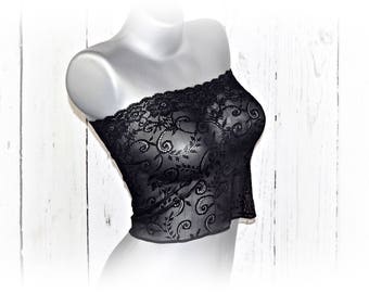 Schwarze Spitze Tube Top Bustier, durchsichtig elastische Spitze Bandeau, Trägerlose BHs, B2178B