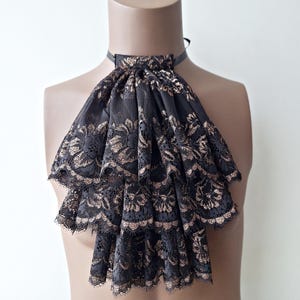 Black Gold Lace Jabot, Vampire Cosplay, Pirate Cosplay, Steampunk Wedding Costume, Ruffled Collar
