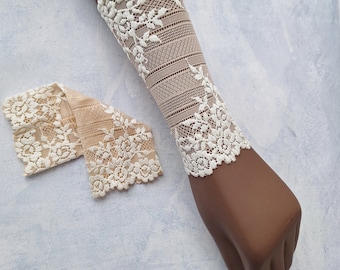 Beige Long Lace Bracelet, Lace Wrist Cuff, Tattoo Cover Up, Scar Cover, One Pair