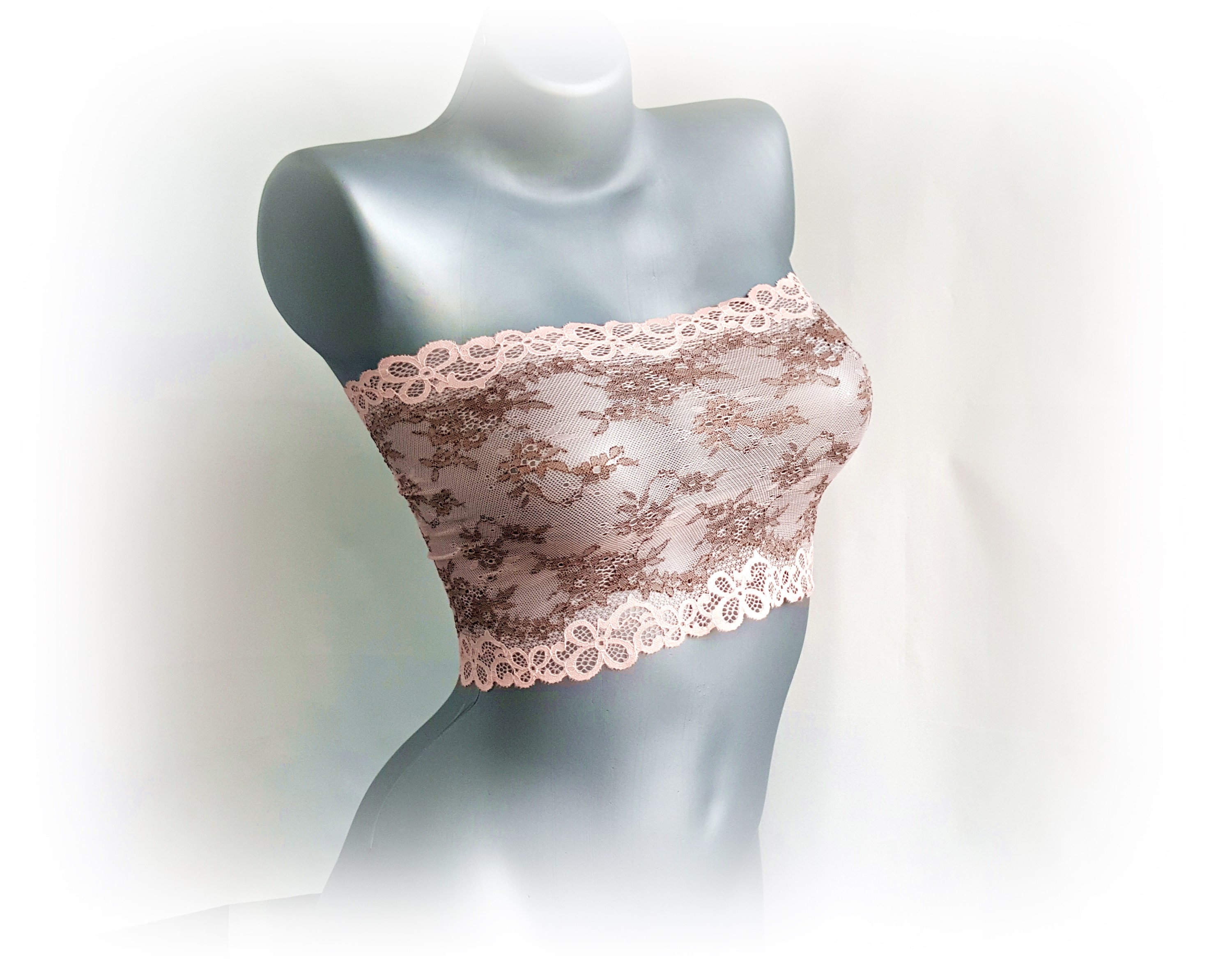 Pink Floral Strapless Tube Top, Lace Bandeau Top, See Through Lingerie,  B2450 