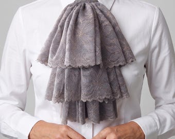 Gray Lace Ruffled Jabot: Steampunk, Vampire, Pirate Cosplay
