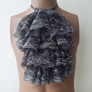 Black Silver Lace Jabot, Vampire Cosplay, Pirate Cosplay, Steampunk Wedding Costume, Ruffled Collar