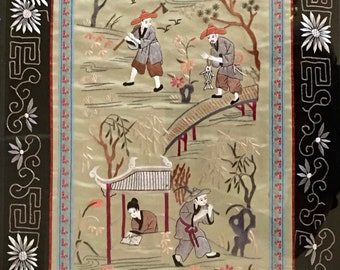 Antique Chinese hand embroidered gold silk panel framed