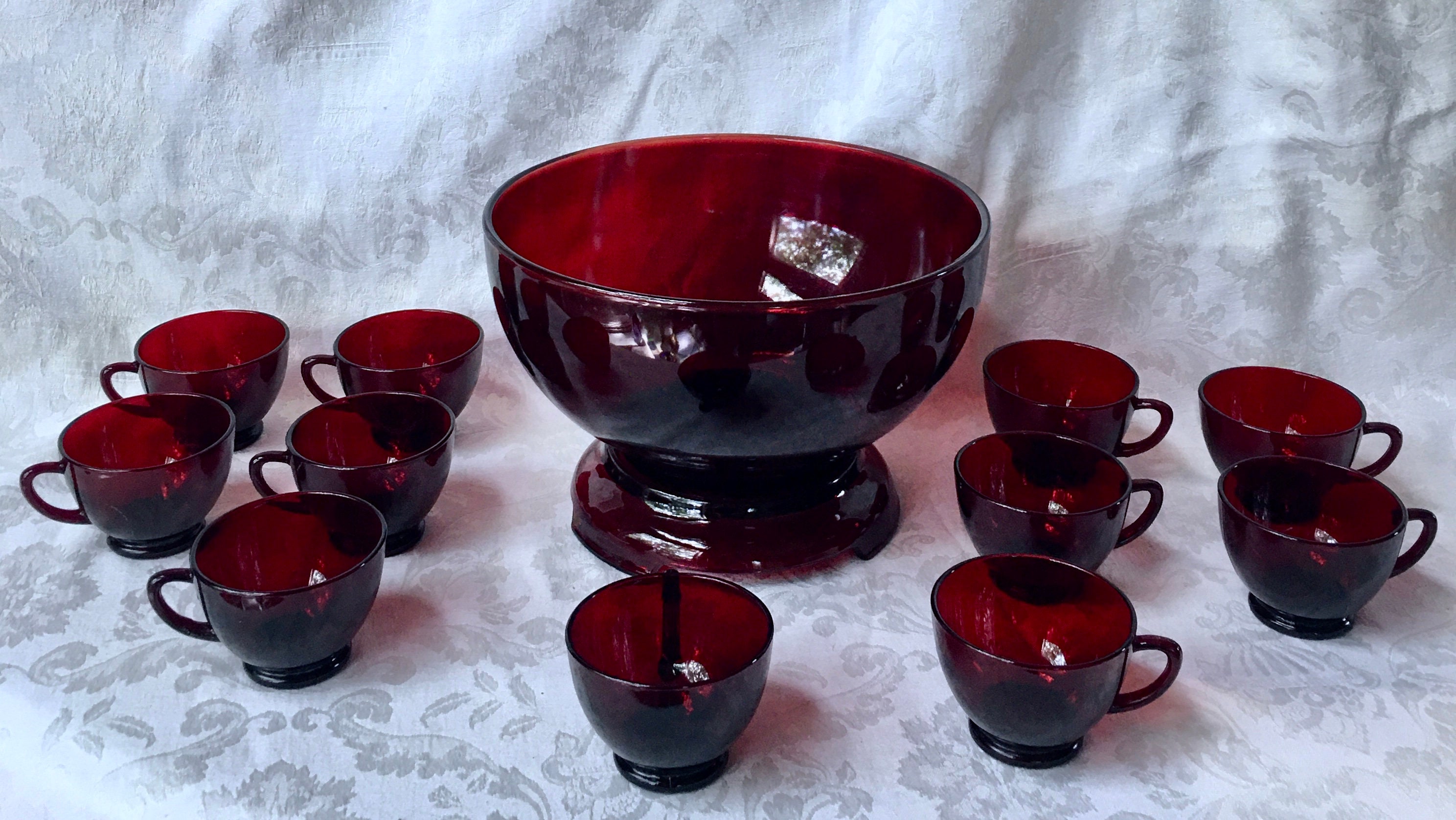 Vintage Ruby Red Glass Punch Bowl Set With 10 Handled Cups Anchor Hocking