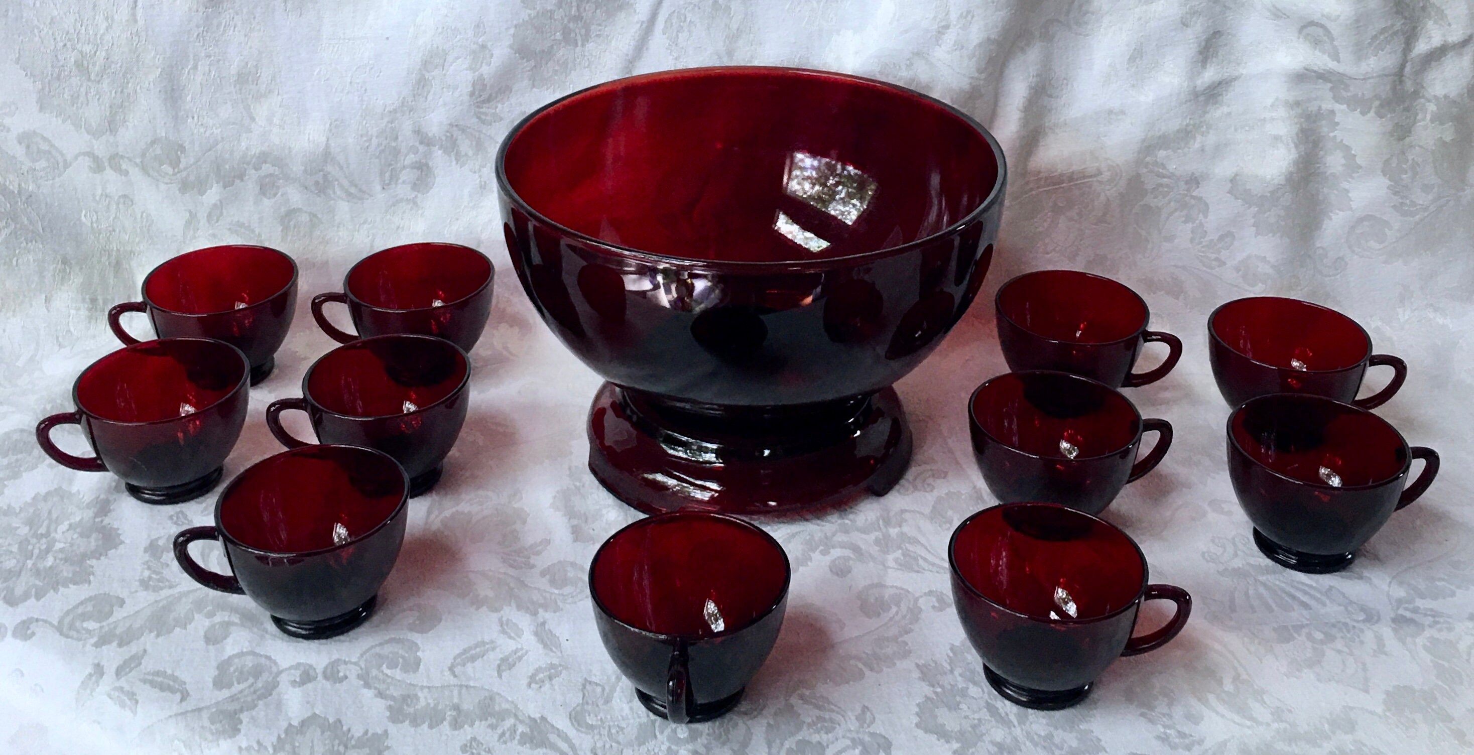 Anchor Hocking, Royal Ruby Red Set, Punch Bowl Set With Base Stand