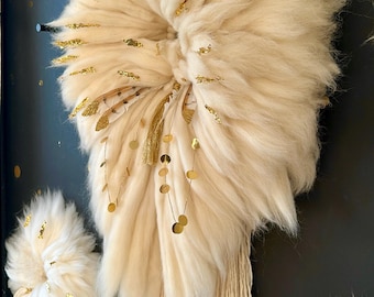 Wall Tapestry made of luxurious wool entirely handmade in white and gold - feathers - GOLDEN FEATHERS - 65*115 cms