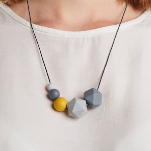Geometric Silicone Bead Necklace: Mustard, Grey, Chunky Statement