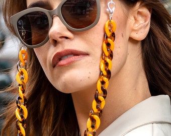 Glasses chain Mustard & Tortoise shell chunky chain - For wearing with sunglasses, as glasses holder and necklace. Perfect gift for her.