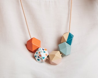 Geometric Necklace - Coral Terrazzo, Sage Pink & Teal | Statement Necklace | Gift for her | Geometric Jewellery | Personalized gift | Chunky