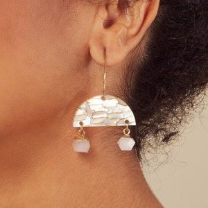 Crystal earrings with Rose Quartz & Lemon Drizzle acrylic pieces These Art Deco inspired dangle earrings are on a brass or silver hook image 1