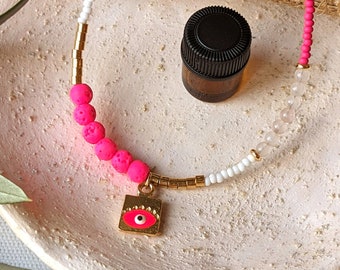 Pink Essential Oil Diffuser Necklace with Enamel Evil Eye bead, Rose Quartz, Lava beads, Preciosa Czech beads | Aromatherapy Necklace