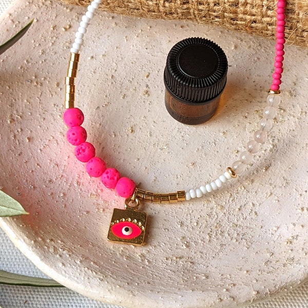Pink Essential Oil Diffuser Necklace with Enamel Evil Eye bead, Rose Quartz, Lava beads, Preciosa Czech beads | Aromatherapy Necklace