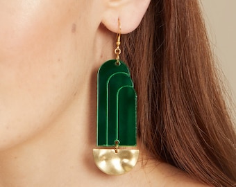 Art deco Green fountain acrylic earrings w brass base | Gold Vermeil Drop earrings | Geometric earrings | Dangle earrings | Gift for her
