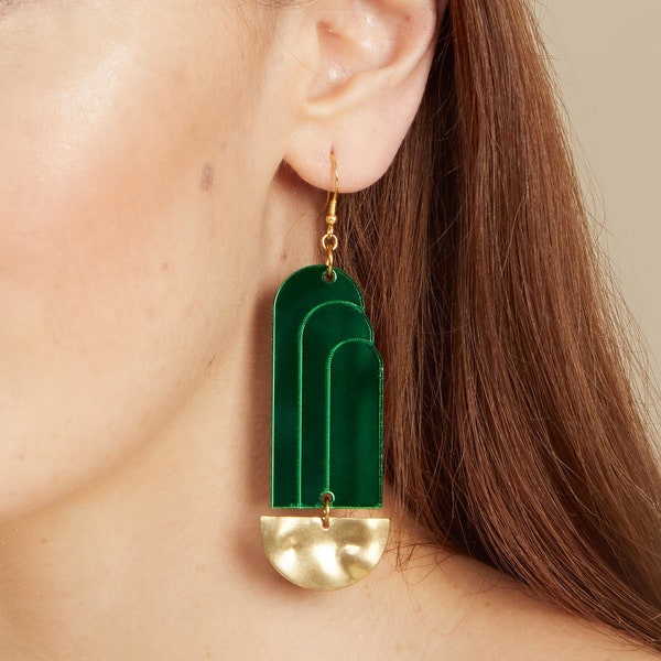 Art deco Green fountain acrylic earrings w brass base | Gold Vermeil Drop earrings | Geometric earrings | Dangle earrings | Gift for her