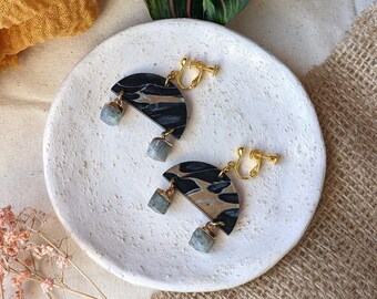 Clip on earrings Art deco black marble & Tourmalinated Quartz | Geometric earrings | Acrylic earrings | Statement earrings | gift for her