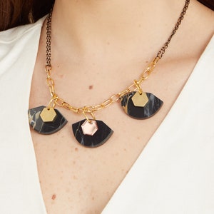 Art Deco Acrylic Statement Necklace: Black Marble, Brass & Rose Gold
