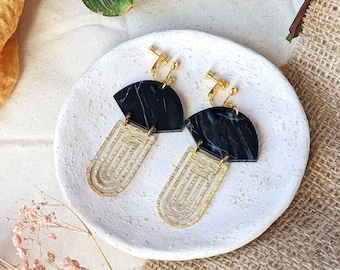 Clip on earrings Art deco Black Portoto Marble | Geometric earrings | Acrylic earrings | Statement earrings | gift for her | dangle earrings