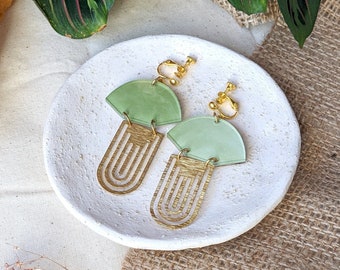 Clip on earrings Art deco Jade | Geometric earrings | Acrylic earrings | Statement earrings | gift for her | dangle earrings | dangle