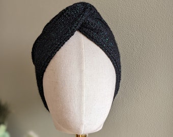 Turban Black Handmade Knitted Vegan | English Rib Stitch | Acrylic Yarn | Handmade | Winter Hat | Ear warmer | Cancer Hat | Alopecia | Chemo