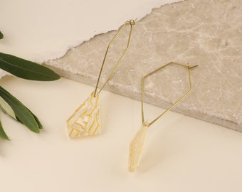 Lemon Drizzle Acrylic Drop Earrings: Brass Art Deco Geometric Dangles