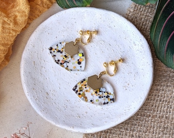 Clip on earrings Art deco Gold, Black & White Speckled earrings | Geometric earrings | Acrylic earrings | Statement earrings | gift for her