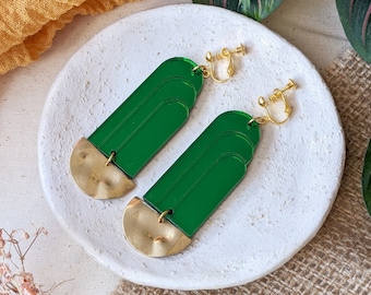 Clip on earrings Art deco Small Green Fountain | Geometric earrings | Acrylic earrings | Statement earrings | Gift for her | Dangle earrings