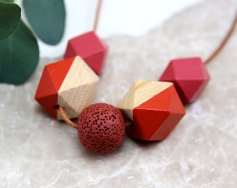 Essential Oil Diffuser Red Rust Necklace | Aromatherapy | Hand Painted Wooden Necklace | Doterra | Lava | Diffuser | Eucalyptus | Peppermint