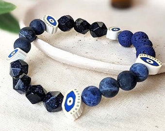 Evil Eye, Sodalite, Blue Sandstone &  Lava bead gemstone beaded bracelet | Gift for her | Essential oil diffuser jewelry | Aromatherapy
