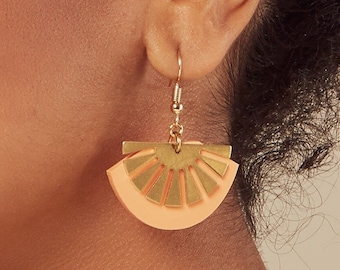 Peach Brass Art deco acrylic gold plated Fan Drop earrings | Geometric earrings | Dangle earrings | Gift for her | Fan | Peach Fuzz