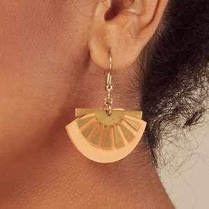 Peach Brass Art deco acrylic gold vermeil Fan Drop earrings | Geometric earrings | Dangle earrings | Gift for her | Fan | Peach Fuzz