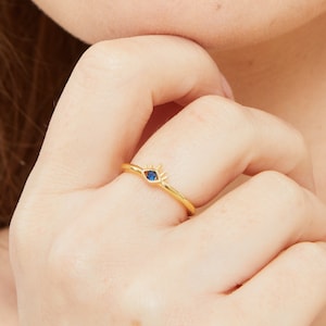 Blue CZ Evil Eye Ring: 24kt Gold Plated Sterling Silver Adjustable Band
