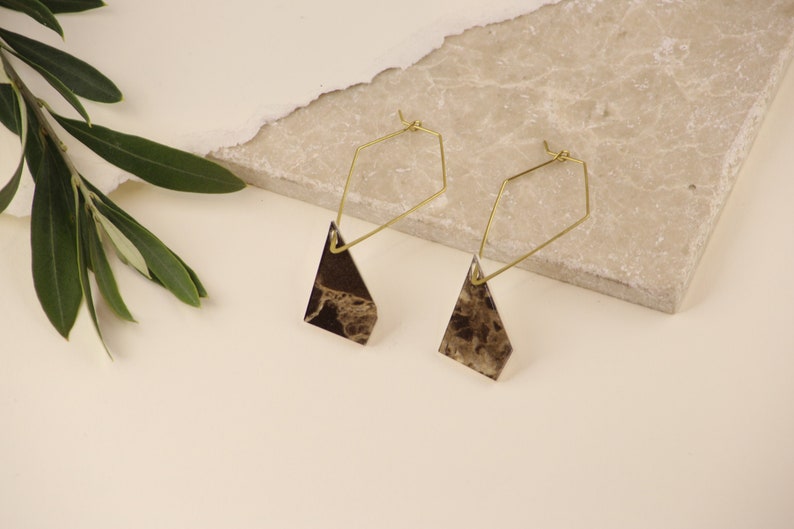 Emperador Marble Brass Art deco acrylic Leaf Drop earrings Geometric earrings Dangle earrings Gift for her Statement earrings image 1