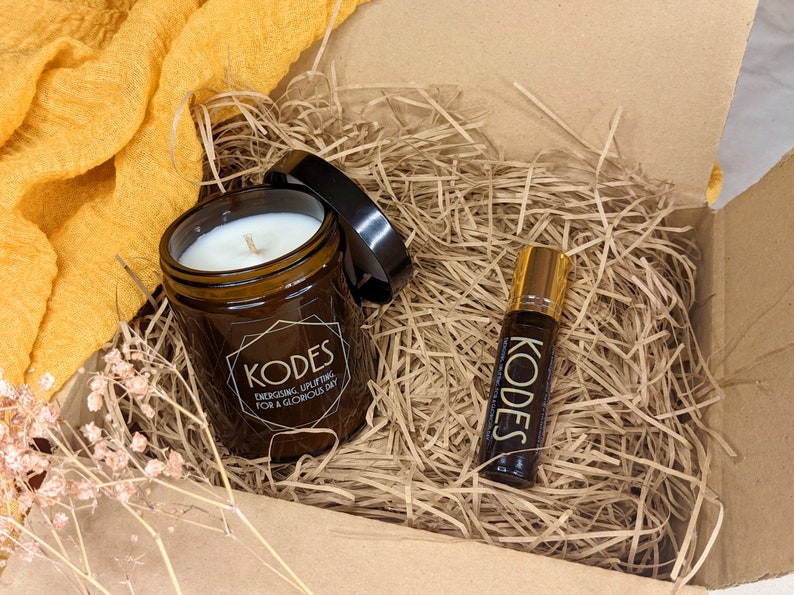 Set de regalo de vela de soja vegana incl. Rodillo de aceite esencial / Caja de velas veganas / Regalo de Navidad / Vela de Navidad / Aceites Doterra / Aromaterapia Amber