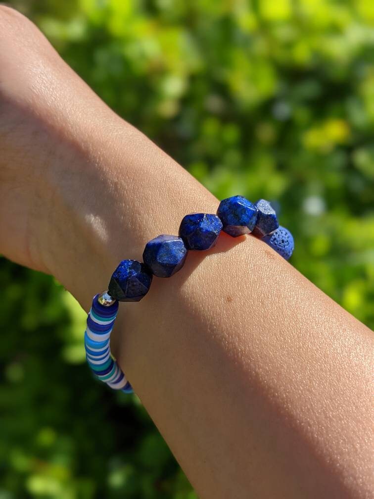Lapis and Lava Stone with Gold Beaded Bracelet
