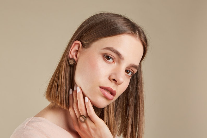 Geometric Earrings Statement earrings gift for her Clip On Earrings Hexagon Brown mirror acrylic silver Clip on Acrylic earrings