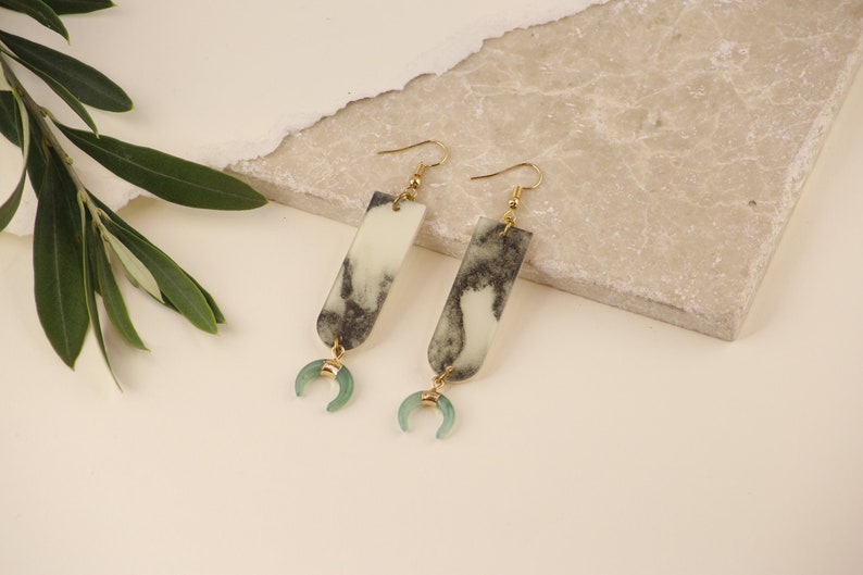 Crystal earrings with Green Aventurine & White Marble acrylic piece these earrings are Art Deco inspired dangle earrings on plated hooks image 1