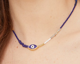 Blue Essential Oil Diffuser Necklace with Enamel Evil Eye bead, Lapis Lazuli, Lava beads, Preciosa Czech beads | Aromatherapy Necklace