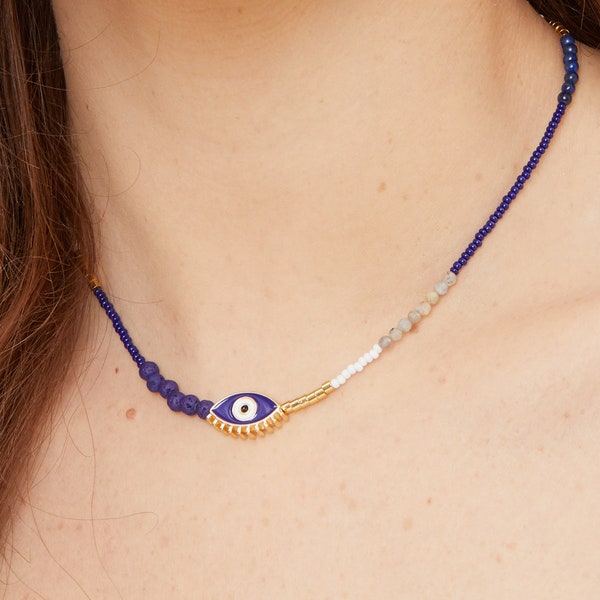 Blue Essential Oil Diffuser Necklace with Enamel Evil Eye bead, Lapis Lazuli, Lava beads, Preciosa Czech beads | Aromatherapy Necklace