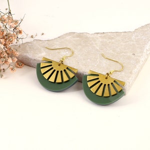 Leafy Green Brass Art deco acrylic gold vermeil Fan Drop earrings | Geometric earrings | Dangle earrings | Gift for her | Fan | Bottle green