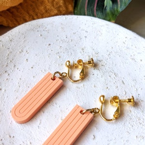 Clip on earrings Art deco peach or mustard teardrop Geometric earrings Acrylic earrings Statement earrings Gift for her Dangle Peach