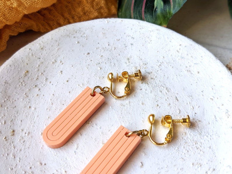 Clip on earrings Art deco peach or mustard teardrop Geometric earrings Acrylic earrings Statement earrings Gift for her Dangle Peach