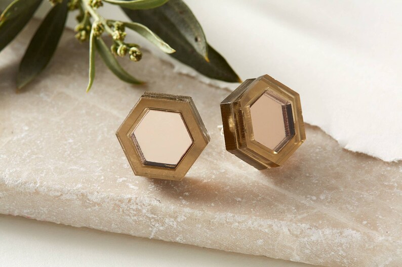 Geometric Earrings Statement earrings gift for her Clip On Earrings Hexagon Brown mirror acrylic silver Clip on Acrylic earrings