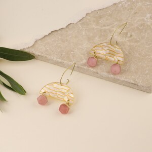 Crystal earrings with Rose Quartz & Lemon Drizzle acrylic pieces These Art Deco inspired dangle earrings are on a brass or silver hook image 3