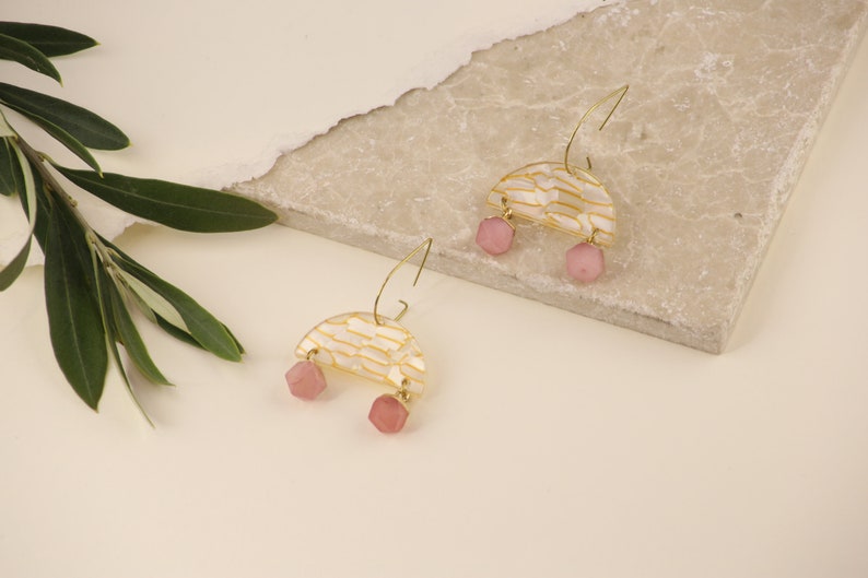 Crystal earrings with Rose Quartz & Lemon Drizzle acrylic pieces These Art Deco inspired dangle earrings are on a brass or silver hook image 3