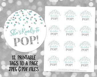 printable shes ready to pop round favor tags light teal blue silver glitter confetti for baby shower popcorn instant digital download - Ready To Pop Labels Template Free printable shes ready to pop round favor tags light teal blue silver glitter confetti for baby shower popcorn instant digital download - Ready To Pop Labels Template Free
