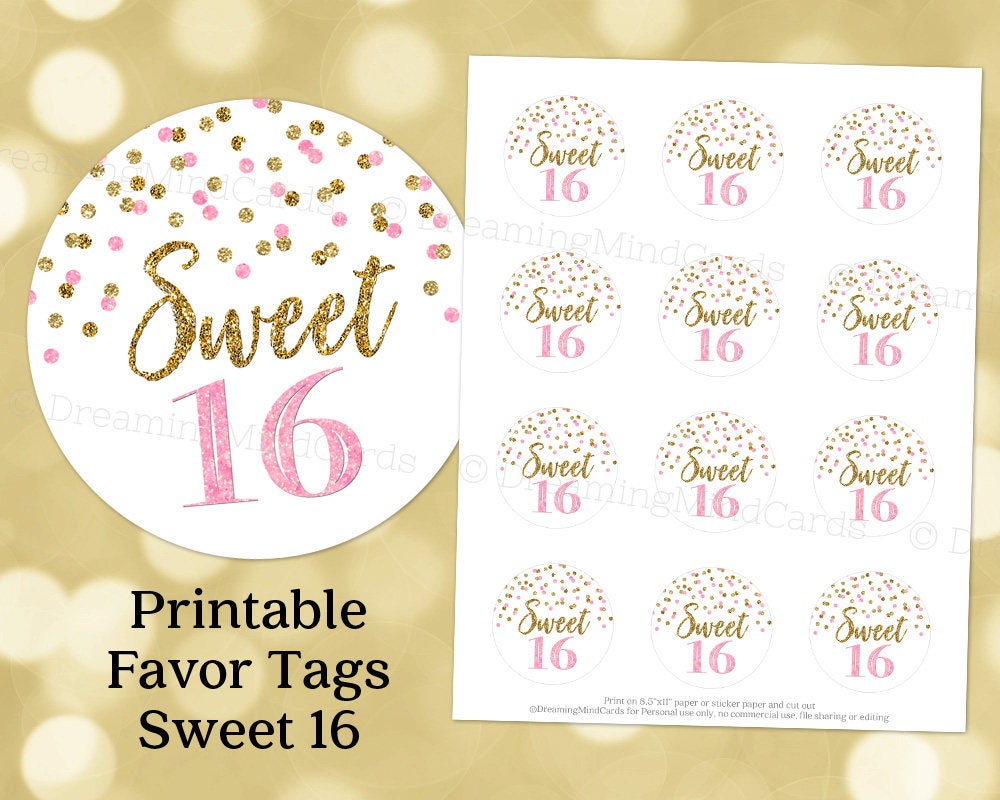 Printable Sweet 16 Birthday Party Round Tags Pink and Gold Confetti Instant Digital Download Labels Stickers or Tags