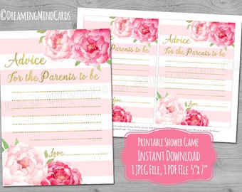 Printable Advice and Well Wishes for Parents to be Game for Baby Shower Pink Stripes Watercolor Flowers Gold Instant Digital Download