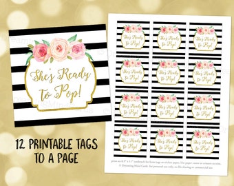 Printable She's Ready to Pop Favor Tags Black Stripes Gold Pink Watercolor Floral for Baby Shower Popcorn Instant Digital Download