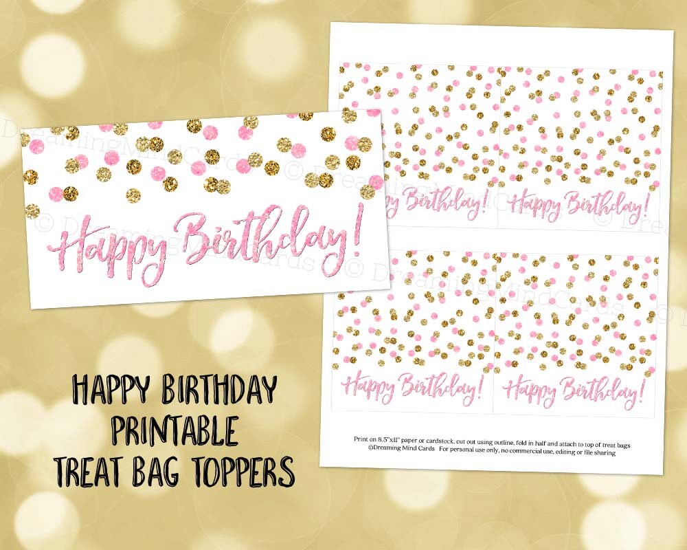 Printable Happy Birthday Treat Bag Toppers Pink Gold Glitter | Etsy